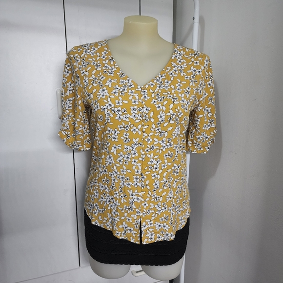 Aus12 Jacqui E Yellow White Floral Front Button Up Short Sleeve Blouse - Picture 7 of 16
